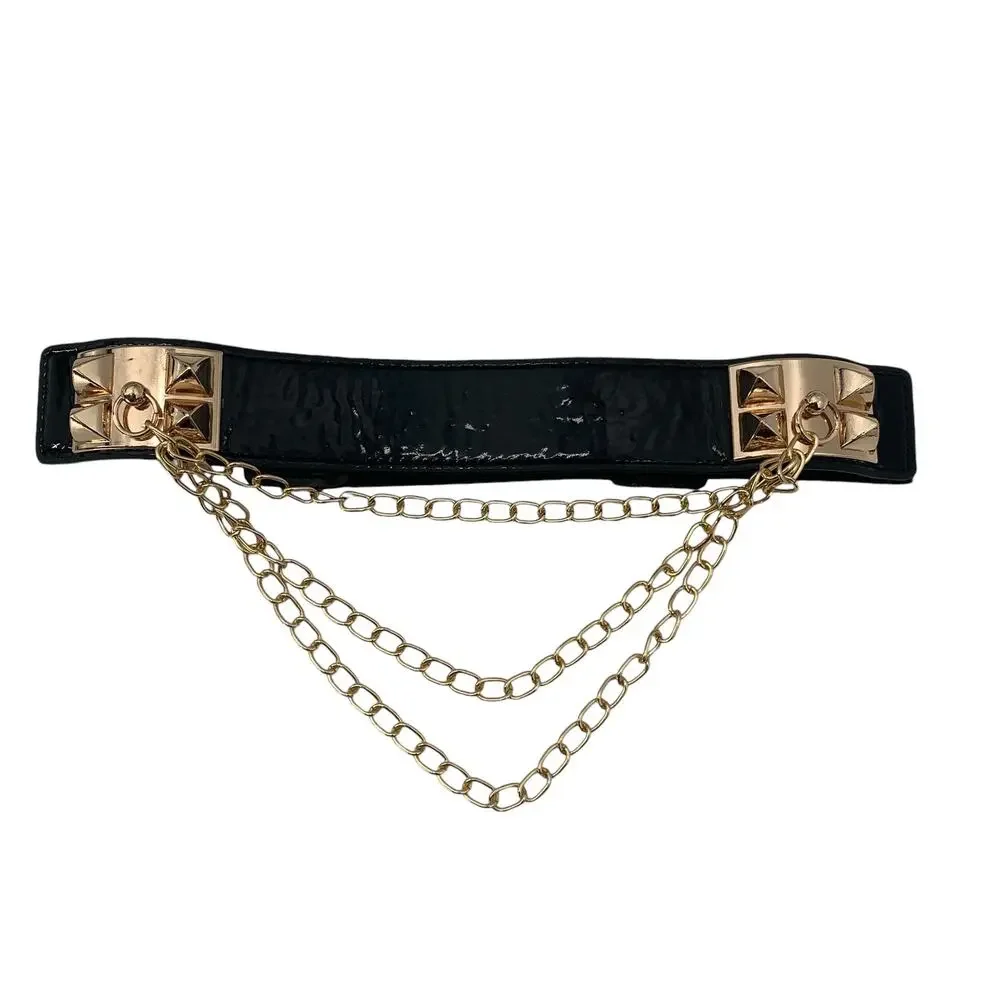 Black Chain Mesh Belt Vegan Leather Gold Studs 26